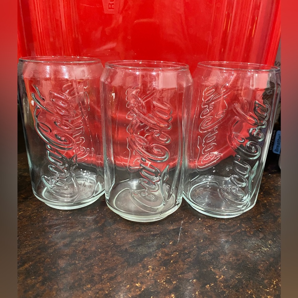 Coca-Cola Glasses Set of 3 Can-Shaped 12 oz Coke Logo Embossed Bar Glasses
